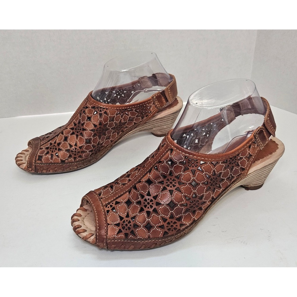Pikolinos Romana Brown Leather Laser Cut Floral Slingback Wedge Sandals 39/8.5